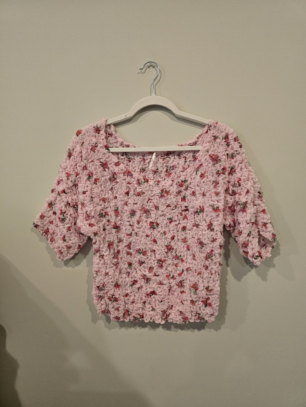 Free People Blush Pink Floral Bubble Puff-Sleeve Top